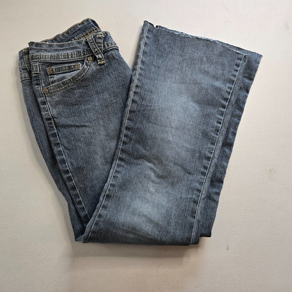 Angels Jeans Juniors 3 Blue Flare Raw Hem Ankle Embordered Sequin Bejeweled - Picture 9 of 16